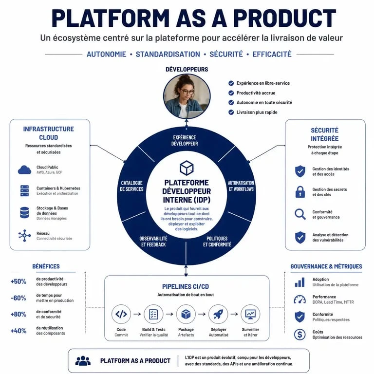 Schéma illustrant l'écosystème du platform engineering et le concept de plateforme interne de développement (IDP) comme produit.