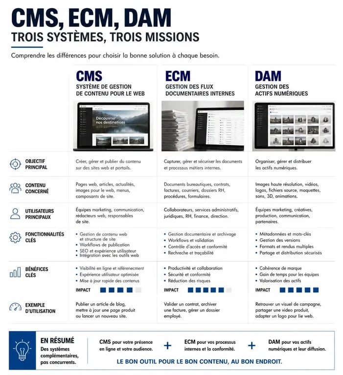Infographie comparative des systèmes de gestion de contenu : CMS, ECM et DAM pour une stratégie de gestion de contenu efficace.