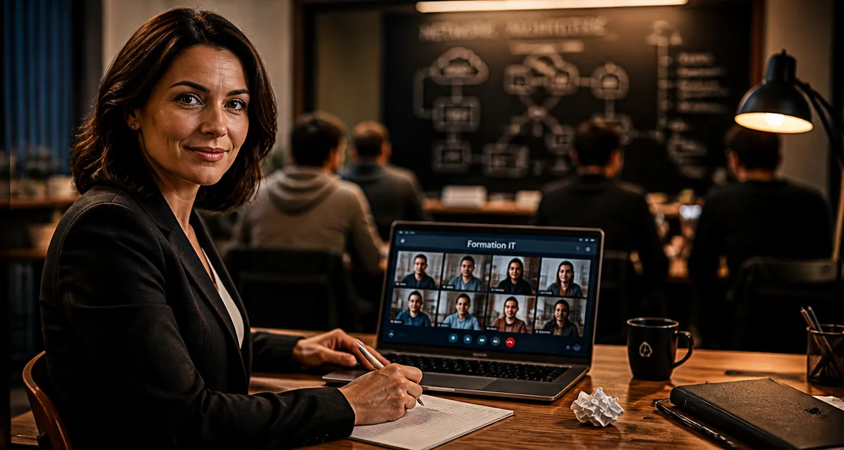 Formateur informatique en formation IT, montre une classe virtuelle