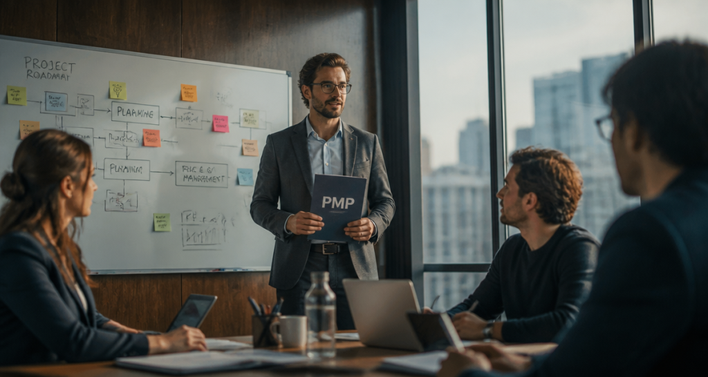 project manager pmp en réunion avec équipe