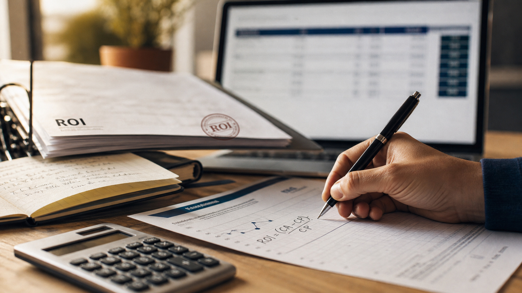 Qu'est ce que le roi : calcul ROI sur un bureau, calculatrice et note