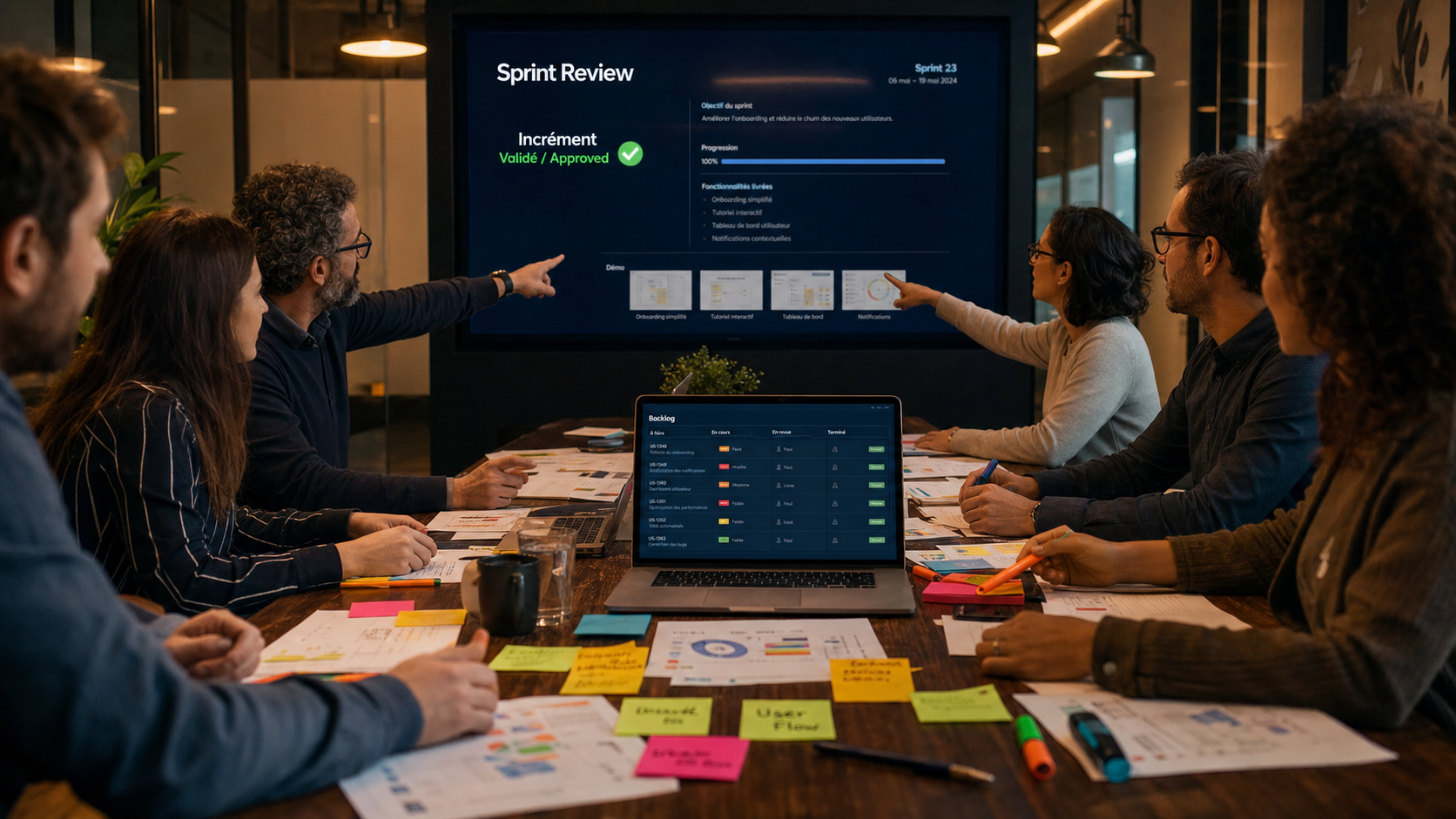 Sprint review en réunion : inspection incrément et ajustement backlog Scrum