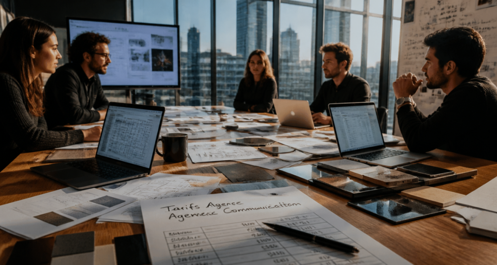 Réunion sur tarif agence communication en bureau moderne