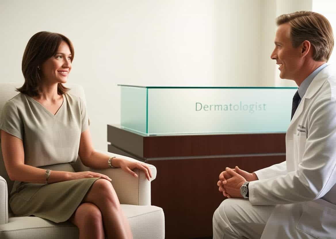 a woman sitting down talking to a male dermatologist