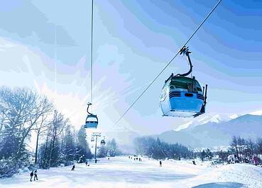 A ski lift carrying people up a snowy mountain, surrounded by a picturesque winter landscape.