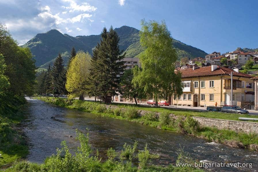 a river with buildings and trees