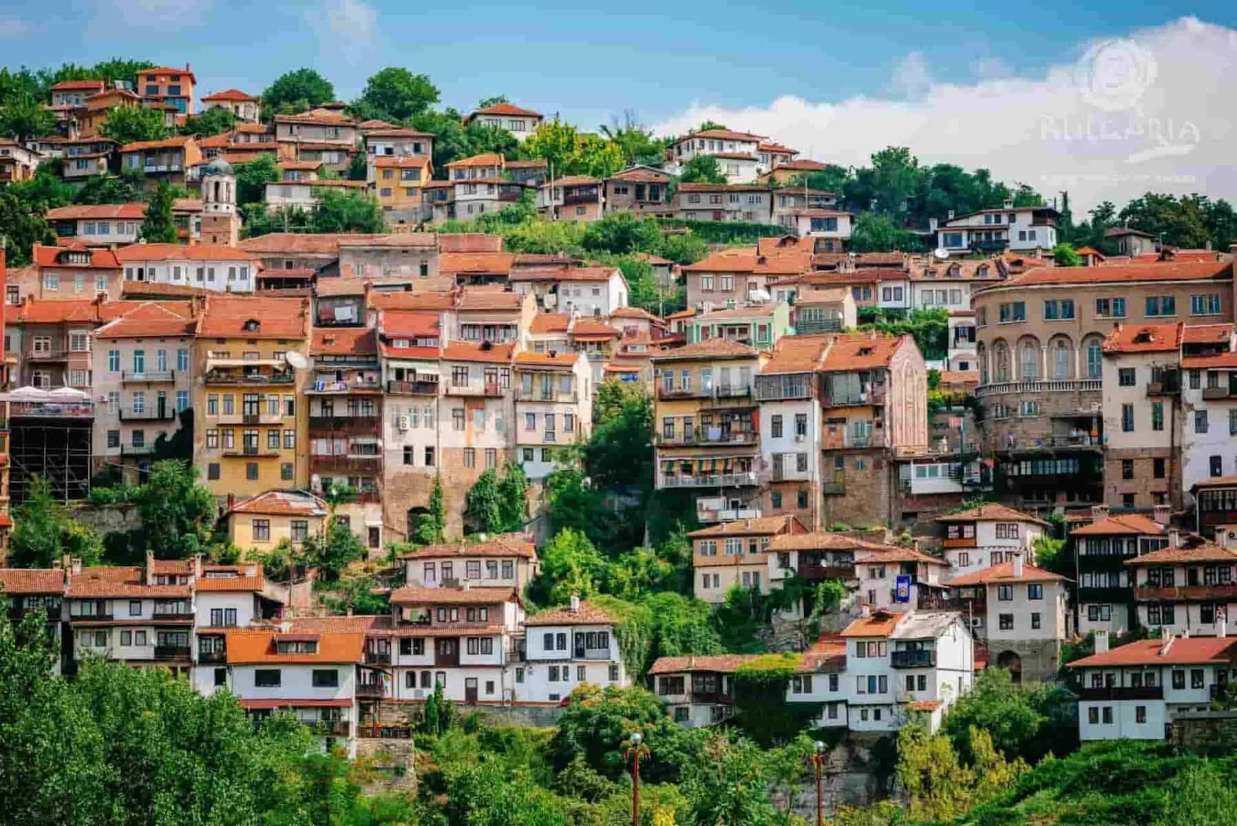 A picturesque town nestled atop a hill, adorned with numerous charming houses.