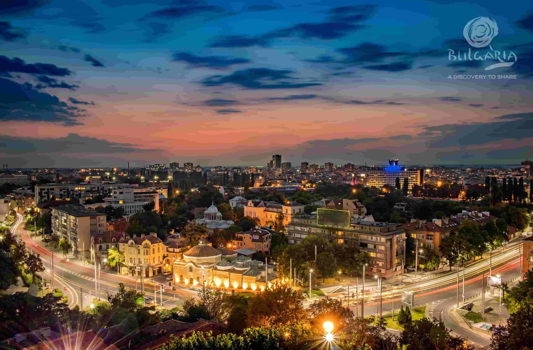 Urban landscape during twilight with motion blur effect on city lights
