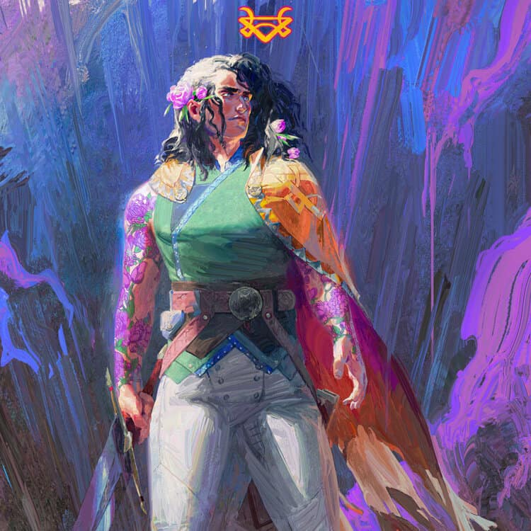 Vibrant artwork of a warrior woman in colorful attire, blending fantasy and modern art styles, emphasizing creativity and artistic expression.