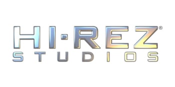 Hirez Studios logo featuring sleek metallic text representing a creative digital entertainment company for game development and design.