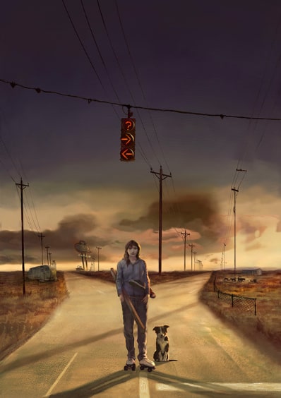 A lone woman walking her dog on a deserted road under a dramatic, cloudy sky with power lines and a traffic light showing a question mark, evoking mood and introspection.