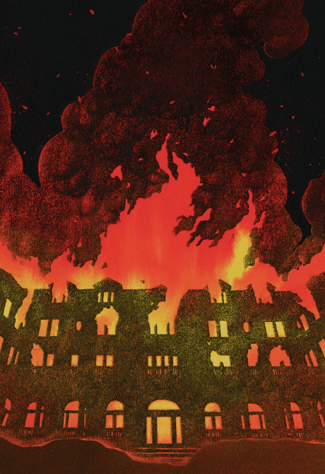 A fiery building engulfed in flames with dark smoke billowing into the night sky, depicting a dramatic scene of destruction and fire art.