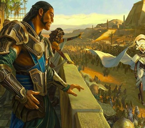 A fantastical scene from a video game or animated story with characters overlooking a vast, desert landscape filled with armies and epic battles, showcasing detailed character design and vibrant scenery.