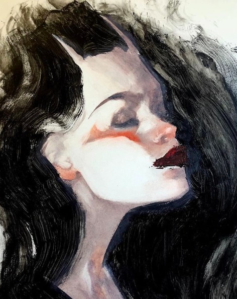 Soft-focus portrait of a woman with dark hair and closed eyes, capturing an elegant and artistic aesthetic; ideal for art lovers and enthusiasts of contemporary portrait paintings.