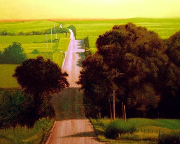 Rustic rural landscape featuring a tree-lined dirt road stretching into rolling green fields and a distant farm under a warm, golden sky. Perfect for art, nature, and countryside photography themes.