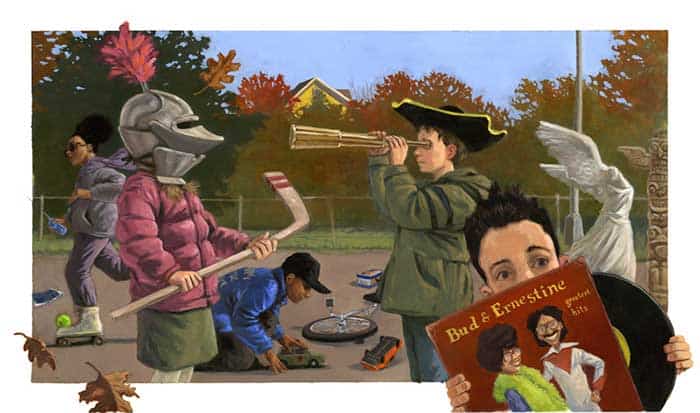 Children playing outdoors featuring a child in a robot helmet holding a broom, another girl reading, a boy looking through a telescope, and a woman holding a vinyl record, with autumn trees in the background -- vibrant, playful scene inspired by contemporary art.