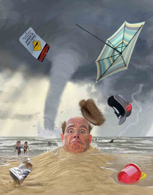 Aerial shot of a man’s head amidst a chaotic beach scene with a tornado overhead, debris including a baseball cap, umbrella, and trash scattered around, creating a surreal, dramatic impression.