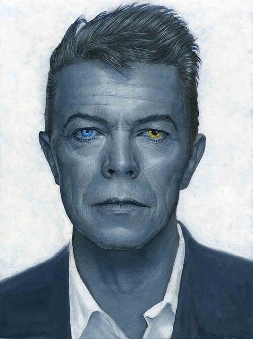 Blue-toned portrait of a man with heterochromatic eyes, one blue and one yellow, showcasing artistic exploration of color and emotion, emphasizing contemporary portrait art.
