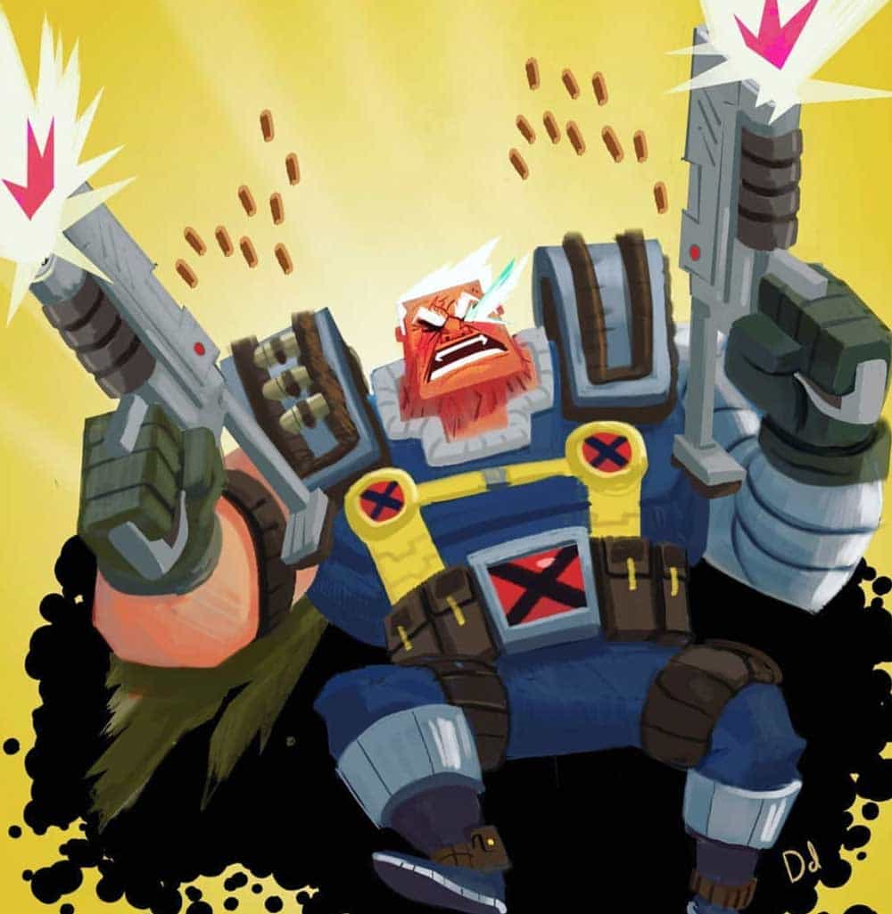 Explosive cartoon character wielding dual guns, detailed in vibrant colors and dynamic pose, exemplifying modern digital art or comic-style illustration.