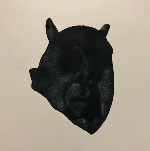 A black and white abstract painting of a person's face with animal ears, blending human and animal features in an artistic style.