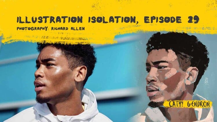 Rich, vibrant digital illustration of a young man with short curly hair in a white hoodie, background featuring a sky and text overlay, part of Visual Arts Passage's series on contemporary illustration.