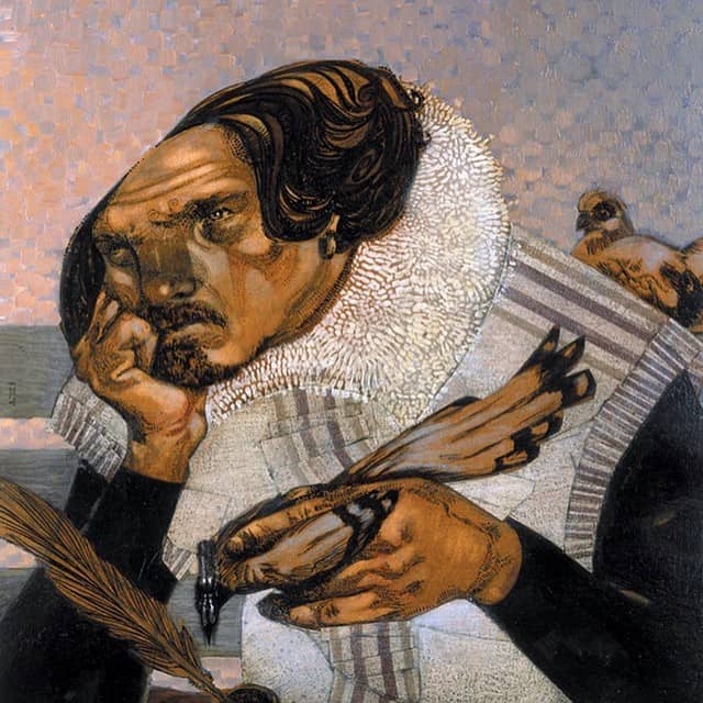 Thoughtful portrait of William Shakespeare inspired by classical art, featuring a detailed ruffled collar, a contemplative expression, and a quill, representing themes of literature and historical artistry.