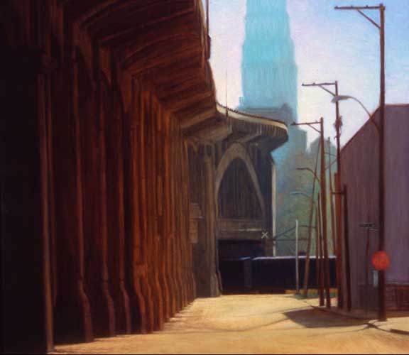 A gritty urban street scene with a wooden fence, old brick buildings, and vintage street lamps under a clear sky, capturing the essence of city life and architecture.