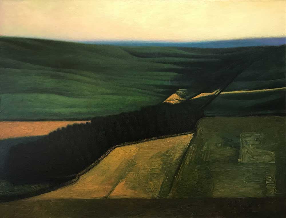 Vibrant landscape painting depicting rolling green hills, a dark hedge, and a golden field under a soft, cloudy sky, capturing the beauty of rural scenery with bold brushstrokes and rich colors.