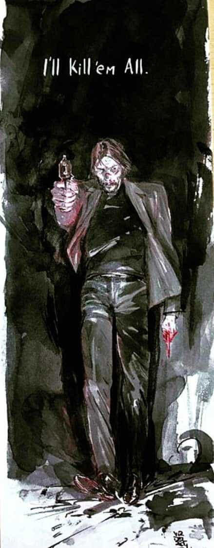 Gunman holding a handgun and the text “I’ll Kill ’em All” above his head, dark background, disturbing crime-themed artwork.