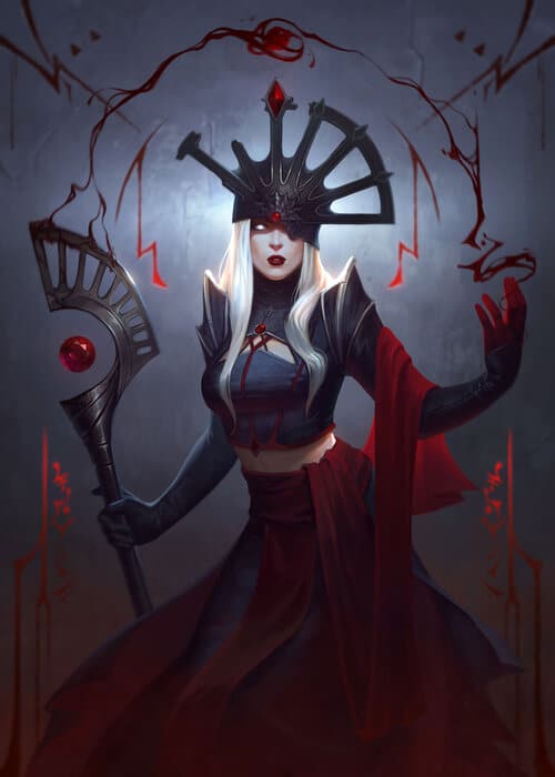Dark fantasy witch with a mystical staff, wearing a crown and armor, surrounded by enchanted symbols, embodying magical power and sorcery in a moody, atmospheric setting.