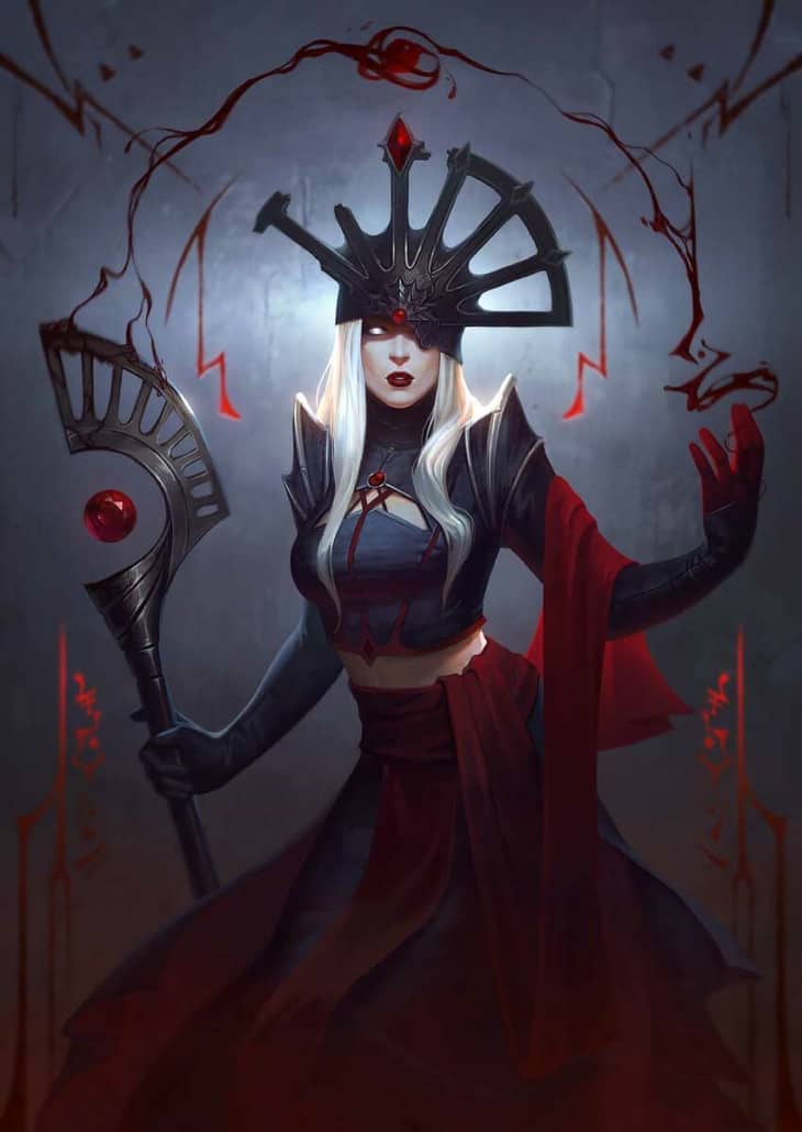Powerful fantasy sorceress with glowing white hair, dark regal armor, and ominous staff in a mystical setting.
