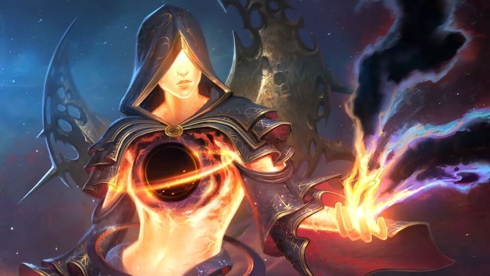 Bright fantasy artwork featuring a powerful female mage with magical energy emanating from her hands and a cosmic backdrop, showcasing fantasy art, magic, and mystical themes.