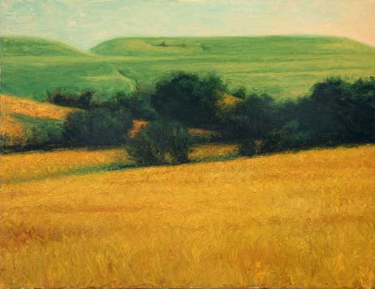Vivid landscape painting featuring rolling green hills and golden fields, capturing the scenic beauty of rural countryside with vibrant colors and impressionist style.