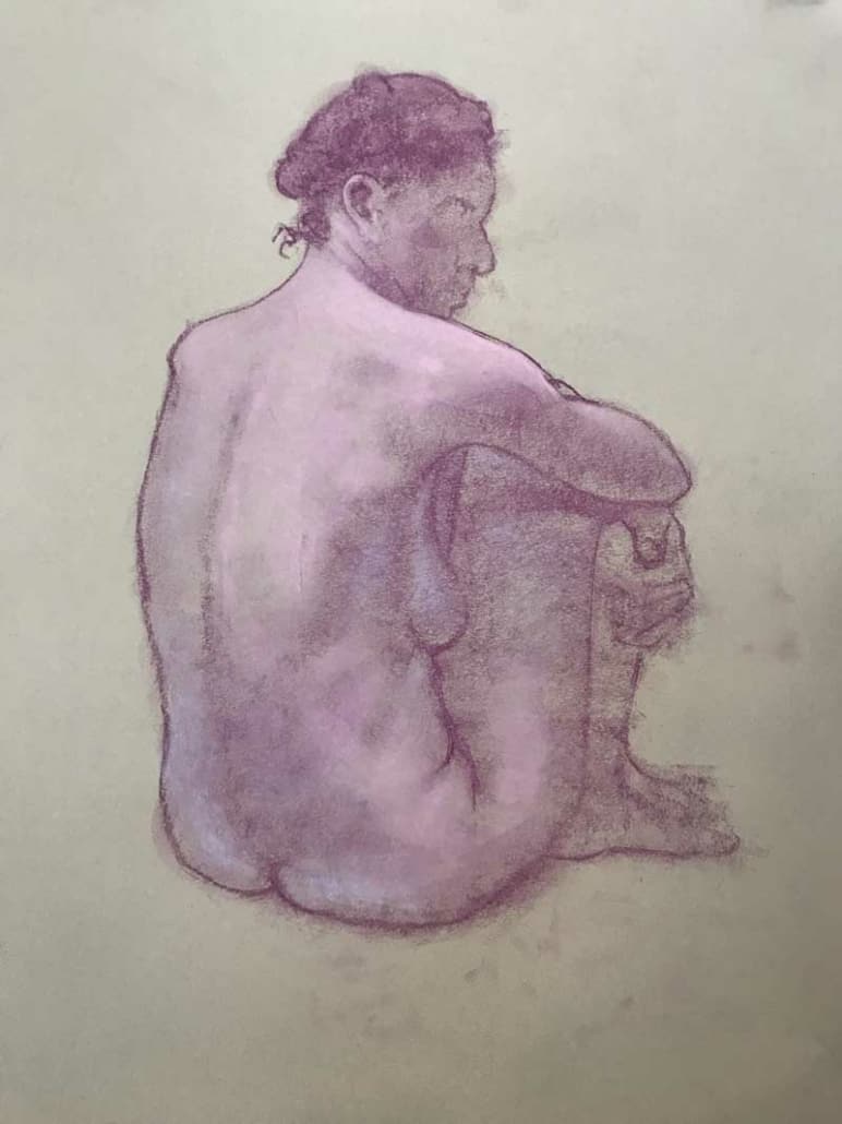 A careful sketch of a contemplative woman sitting with arms wrapped around her knees, highlighting introspection and artistic expression in portrait art.
