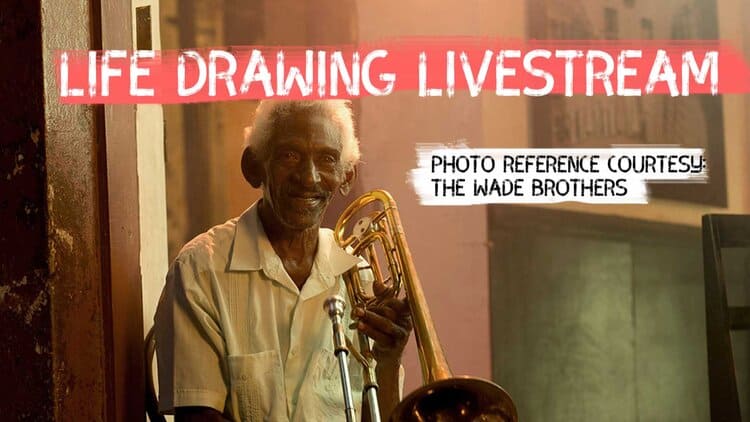 A cheerful elderly man playing a saxophone indoors, promoting a livestream art event titled "Life Drawing Livestream" on Visual Arts Passage; highlighting live art performances and cultural engagement.