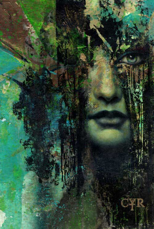 Emerging female face with abstract green and black textured background, showcasing contemporary art and portraiture at Visual Arts Passage.