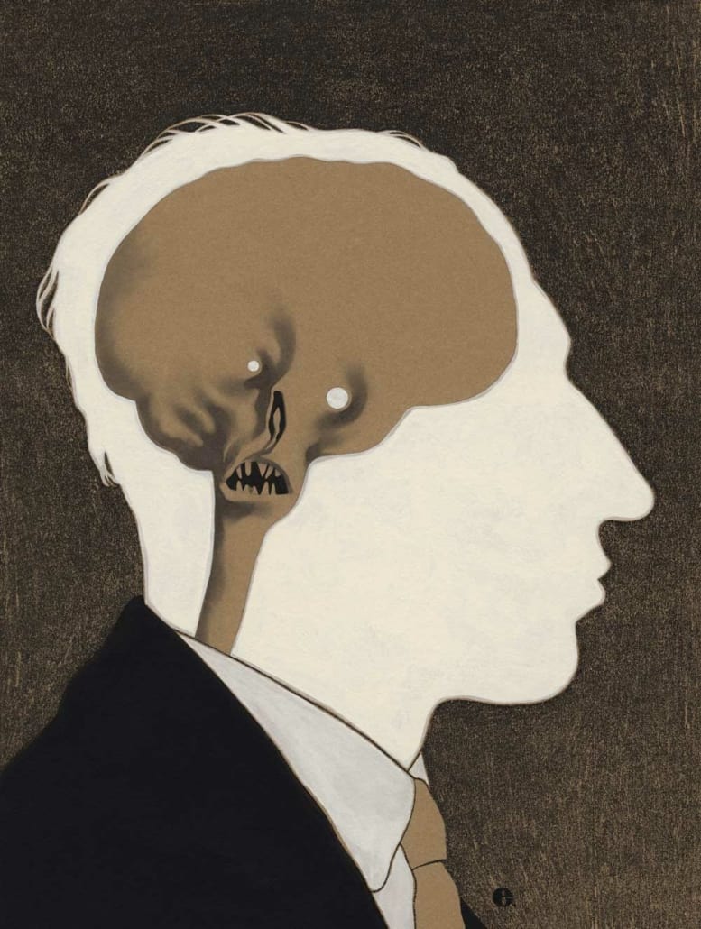 Somber portrait of a person in profile with a surreal, monstrous skull replacing the face, blending fine art with horror elements to evoke emotional depth and curiosity about human psyche.