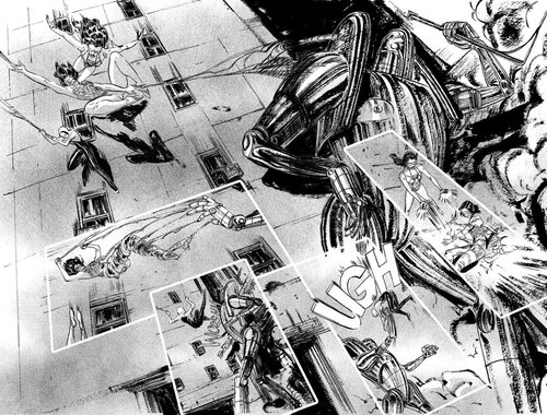 A collection of dynamic black and white comic-style illustrations showcasing superhero action scenes and futuristic vehicles with detailed line work.