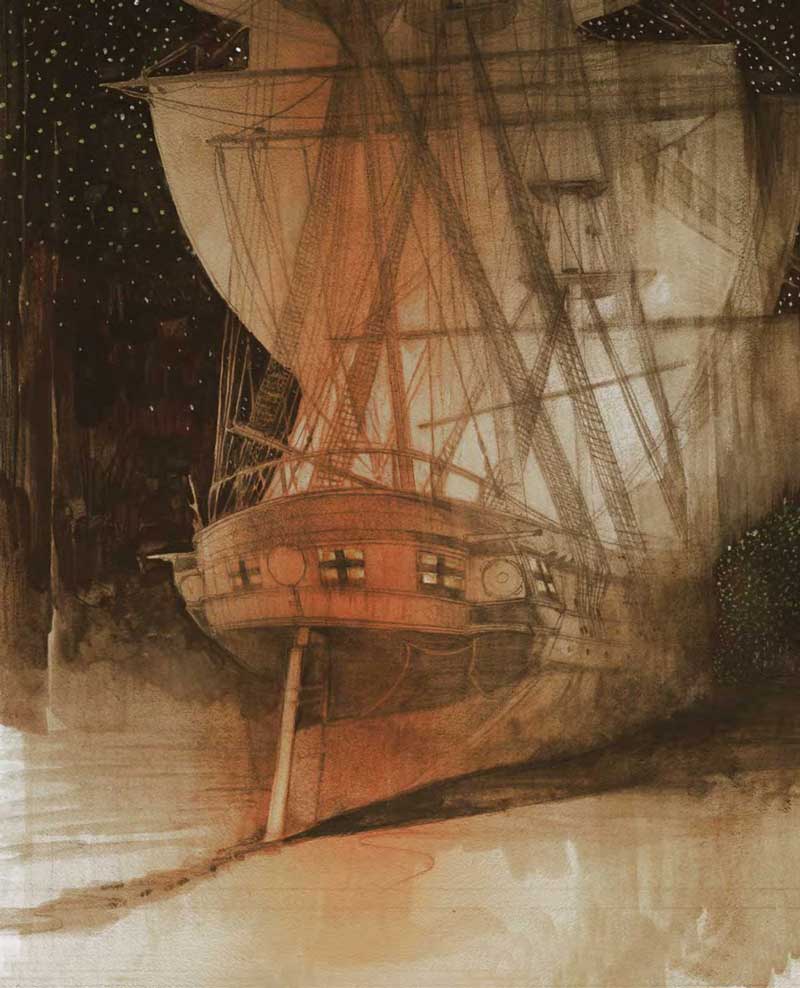 A ship sketch blending watercolor and pencil with a focus on maritime artistry and detailed ship structure.