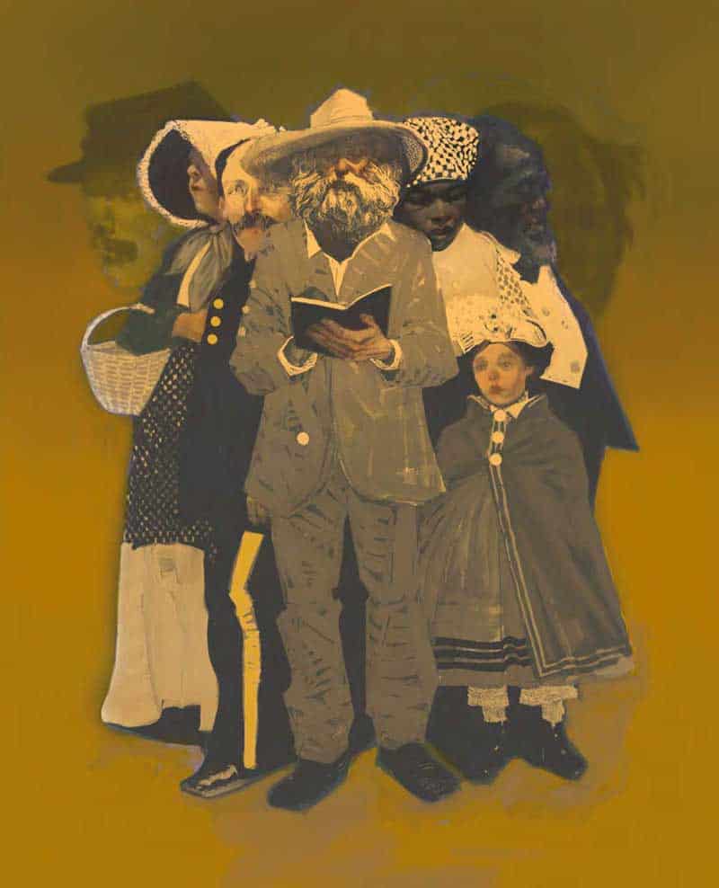 Vintage multicultural family reading book at the park, diverse group of people enjoying outdoor activity, celebrating heritage, colorful clothing, old-fashioned style, community and togetherness, African American, children, adults, historical artwork.