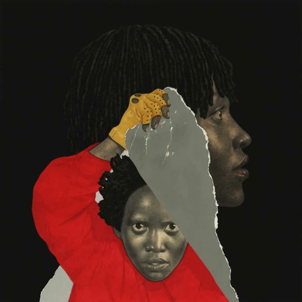 Vivid contemporary artwork of a Black man and woman with indigo dreadlocks, combining realistic portraiture with graphic collage elements, emphasizing themes of identity and cultural expression.