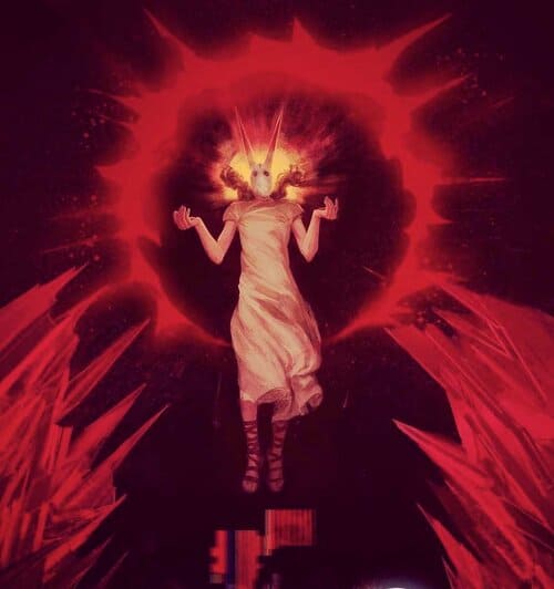 A surreal digital artwork featuring a human figure with a glowing animal skull for a head, levitating against a vibrant red and black abstract background, representing contemporary art and creative expression.