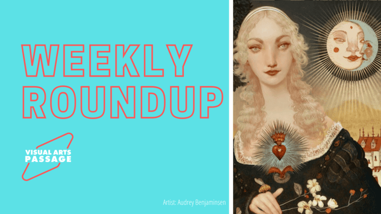 Sun and moon-themed surreal artwork featuring a woman with celestial elements and symbolic motifs, highlighting contemporary visual arts and fantasy art styles.