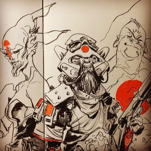 Intergalactic warrior with a beard, futuristic armor, and weaponry, surrounded by expressive characters and a fiery red sun in a dynamic, comic-style illustration.