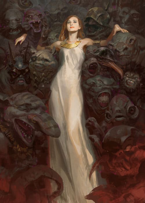Female artist surrounded by monstrous faces and creatures, concept art, surreal, fantasy, dark art, horror-inspired, detailed painting, expressive, vivid colors, imaginative illustration, Visual Arts Passage.