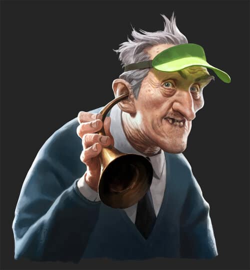 A humorous digital caricature of an elderly man with gray hair, wearing a green visor, playing a brass instrument with an exaggerated facial expression. The background is black, emphasizing the vivid details of the character.