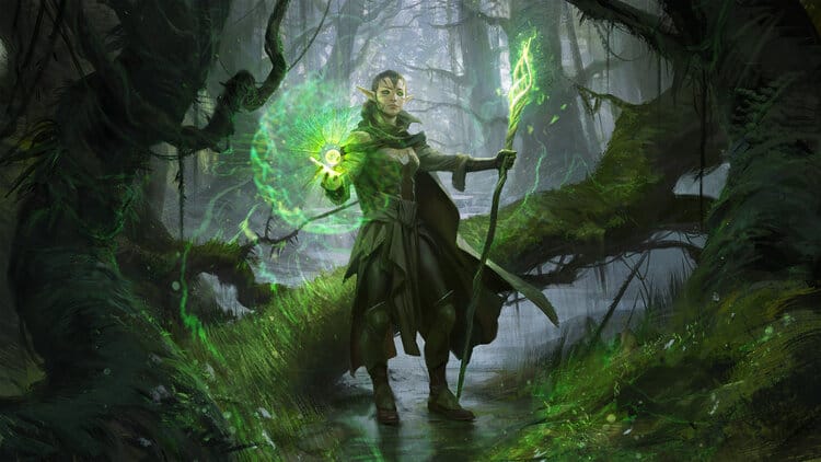 Mystical forest mage with glowing green staff, surrounded by dense moss-covered trees and enchanting magical energy, showcasing fantasy art and mystical creature themes.