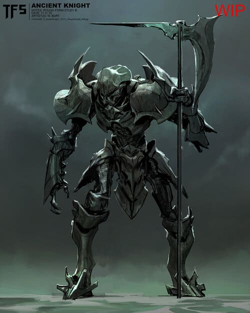 Ancient knight illustration featuring dark, fantasy armor and a large sword, suitable for medieval or fantasy art themes.