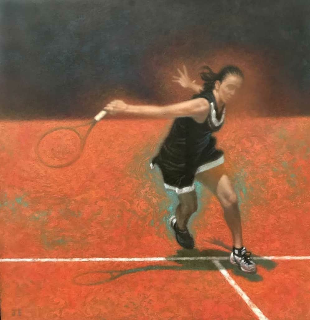 Dynamic tennis player in action on indoor court, showcasing agility and strength, with vibrant background emphasizing sports art and movement.