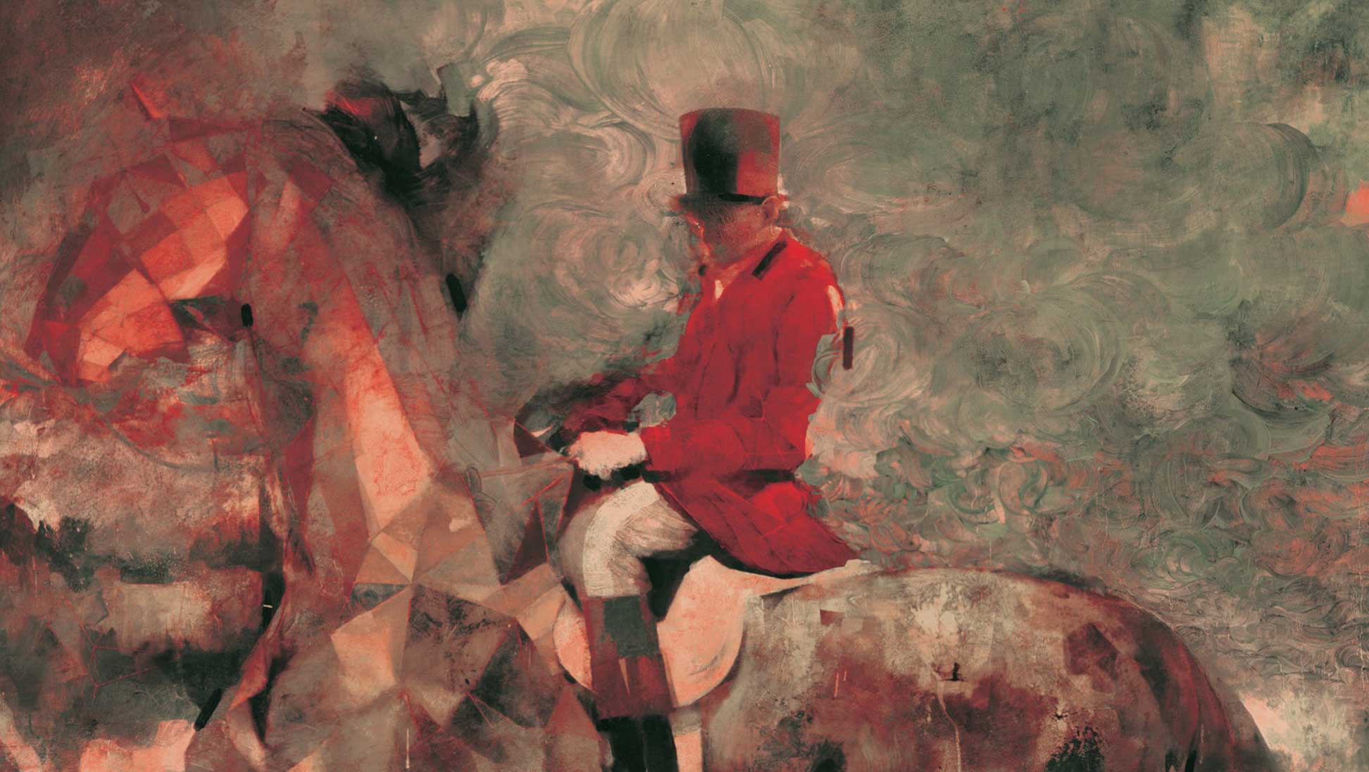 Colorful abstract painting of a man in a red coat and top hat riding a horse, created in a modern, impressionistic style with swirling brushstrokes and textured layers, showcasing contemporary art.